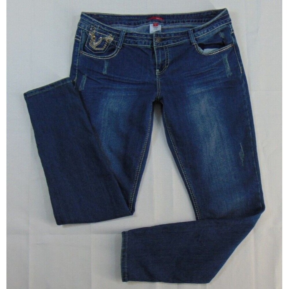 Vintage Y2K Bongo Jeans Jrs Size 15 Embroidered Dark Wash 90's Flap Pockets